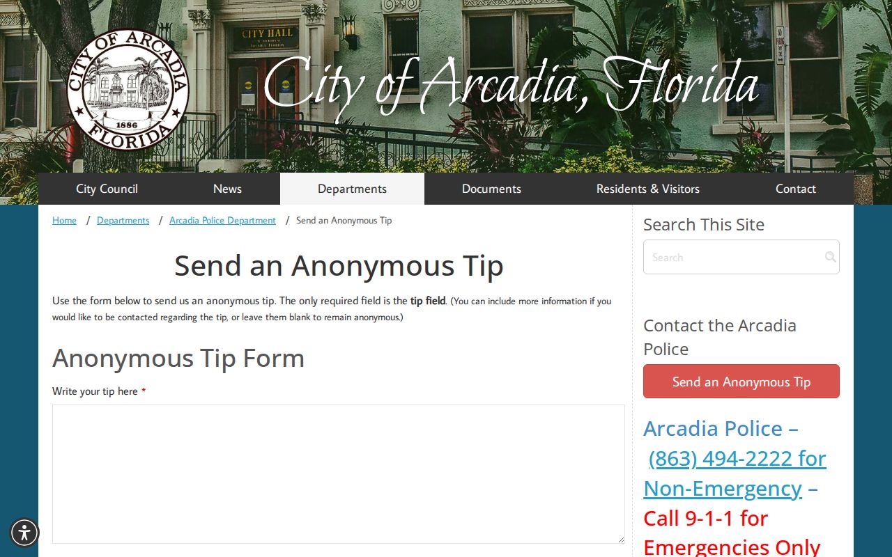 Arcadia Police anonymous tip form for reporting information rather than retrieving records