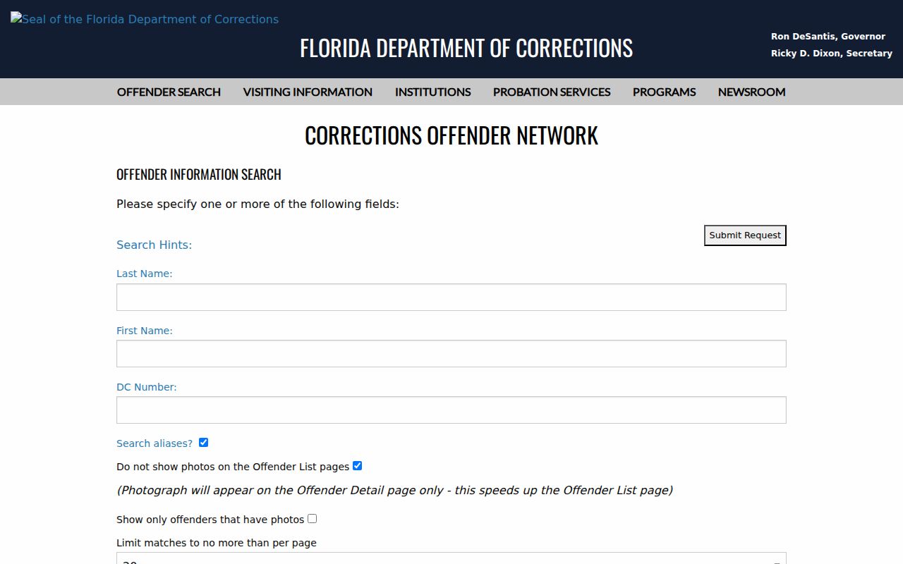 Florida corrections search after a DeSoto County conviction
