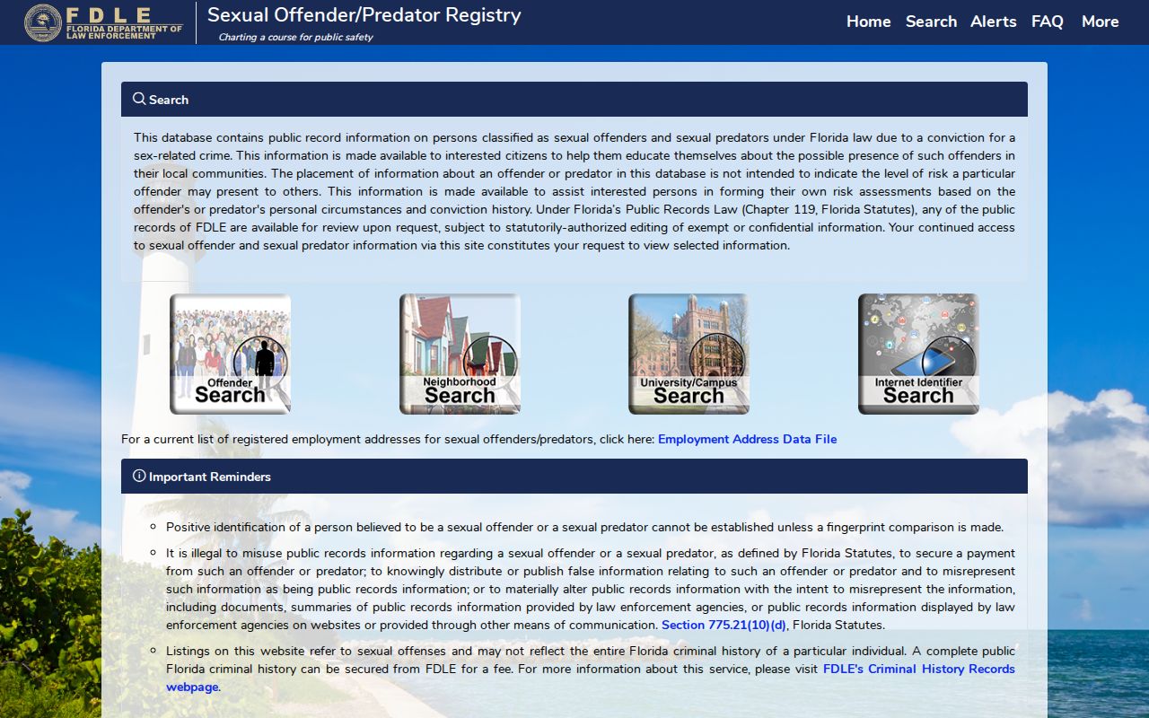 Florida sexual offender and predator registry landing page used for DeSoto County searches