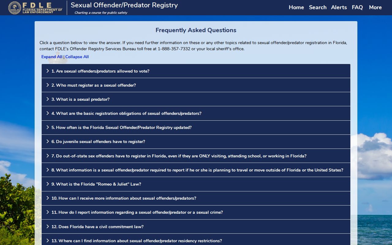 FDLE registry information and frequently asked questions about Florida listings