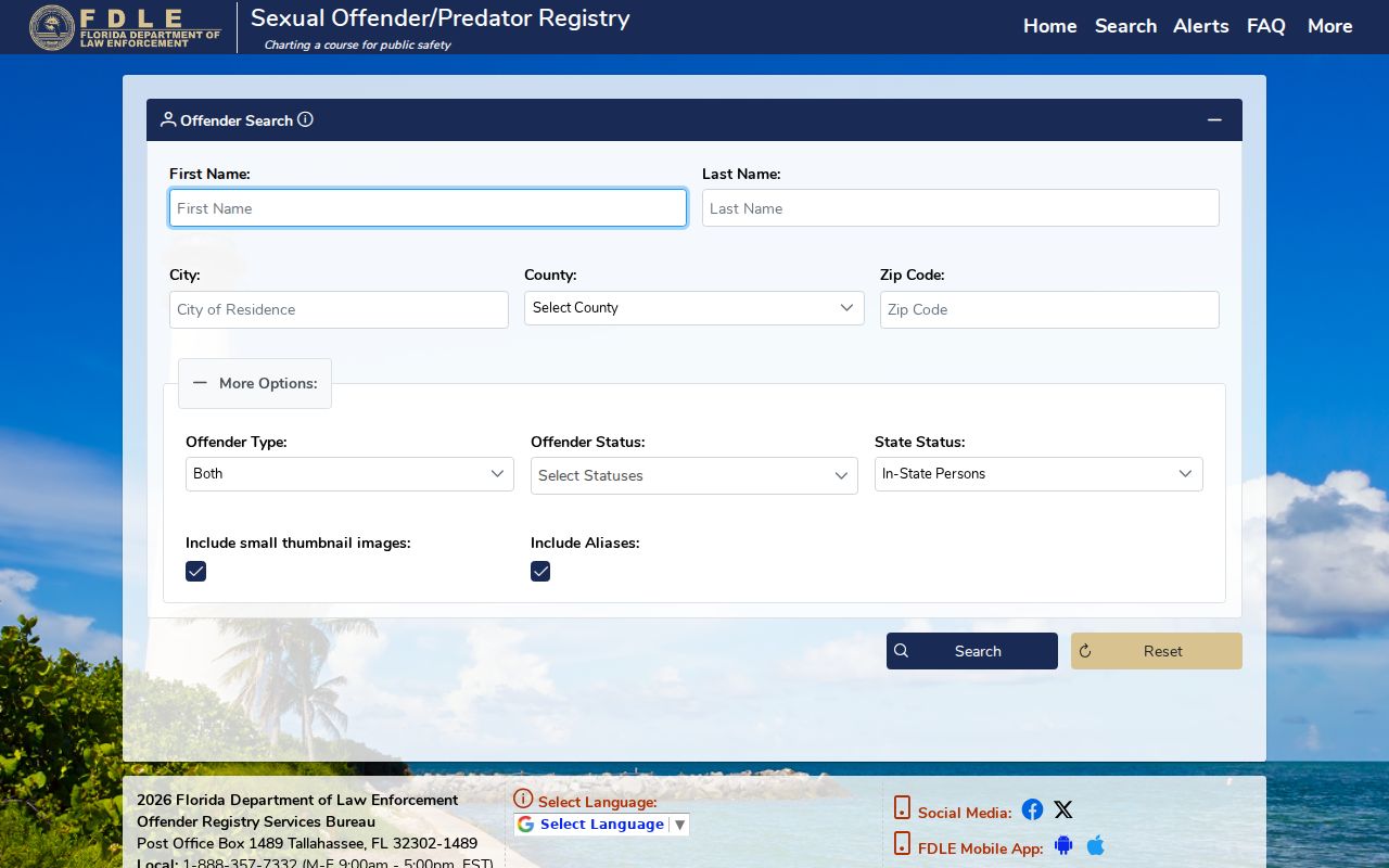 FDLE registry search fields for names city county ZIP and address searches