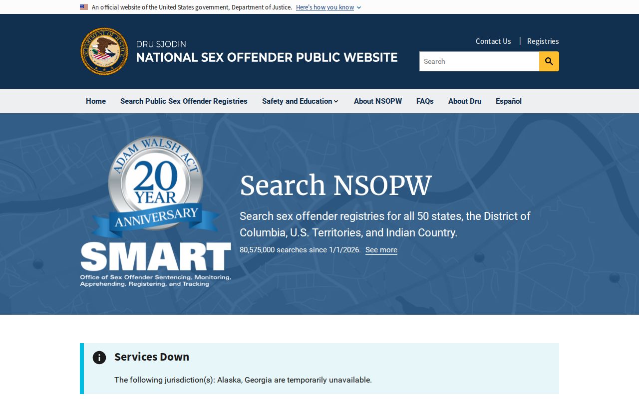 National Sex Offender Public Website search page for cross-state registry checks